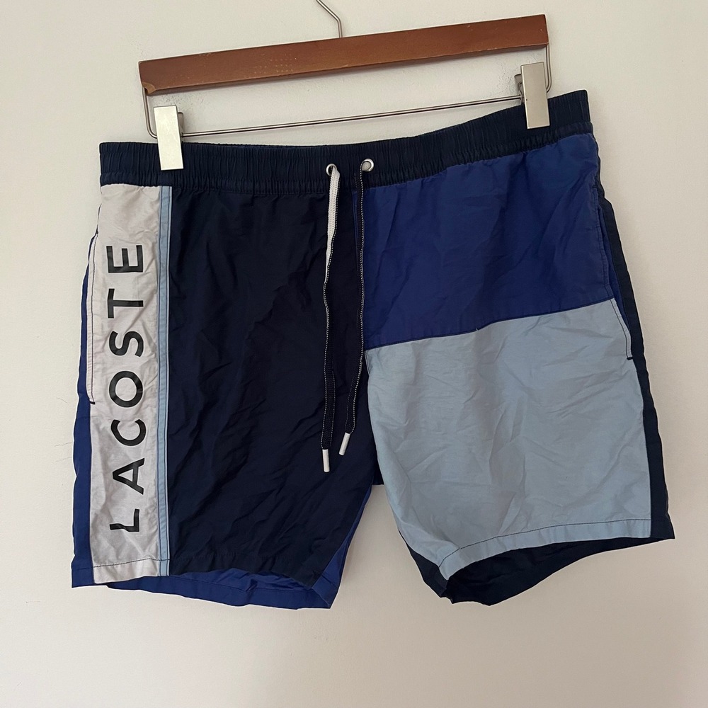 Lacoste Mens Colorblock Swim Trunks Blue Navy Logo Graphic Shorts XL